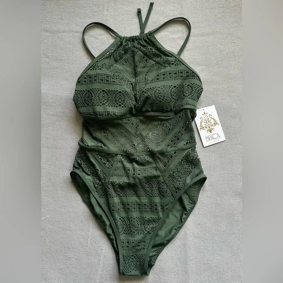 BECCA by Rebecca Virtue Women's Color Play Crochet High Neck One Piece Swimsuit - Picture 3 of 7